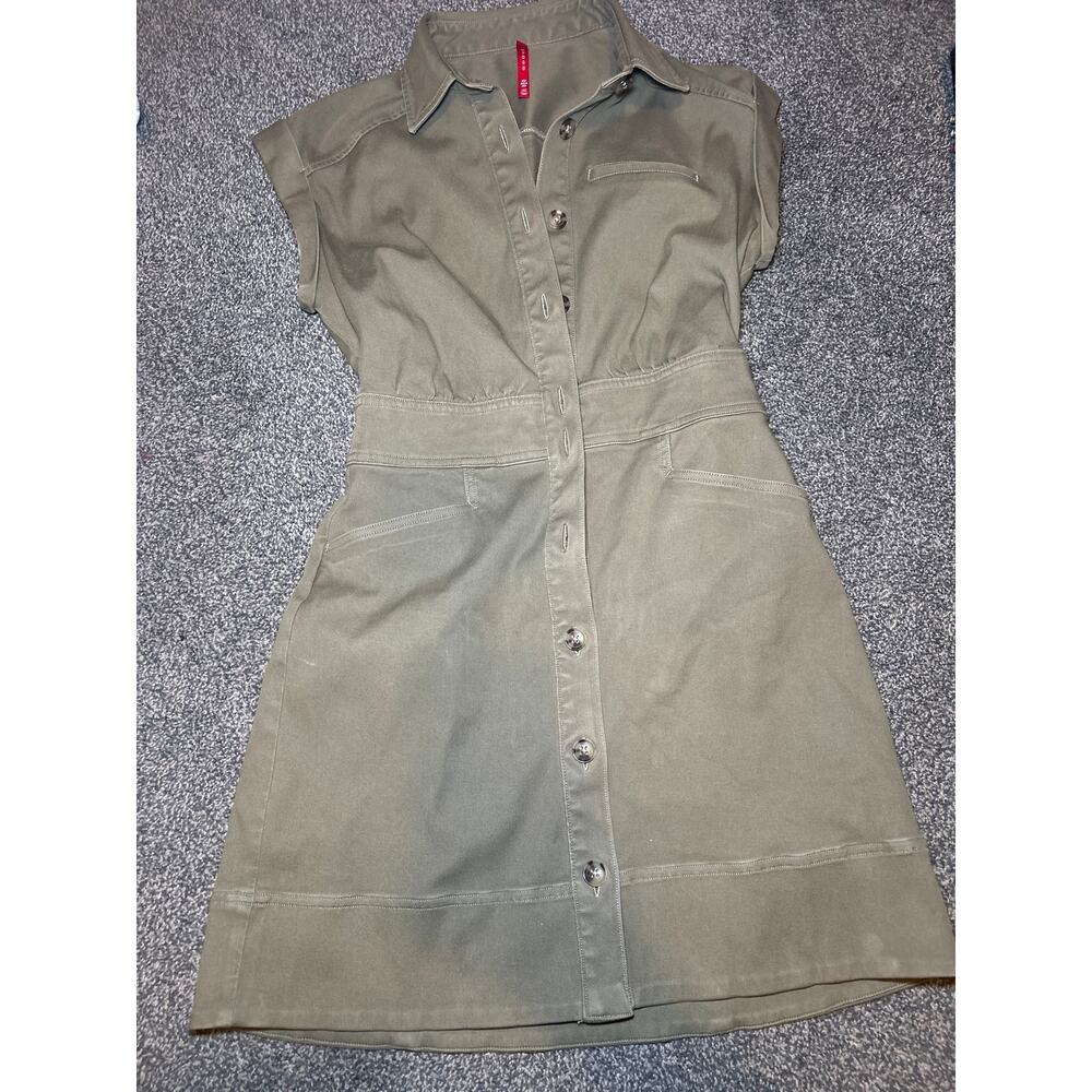 Spanx Tuscan Utility Mini Dress Small Green stretch twill button up Preppy xs
